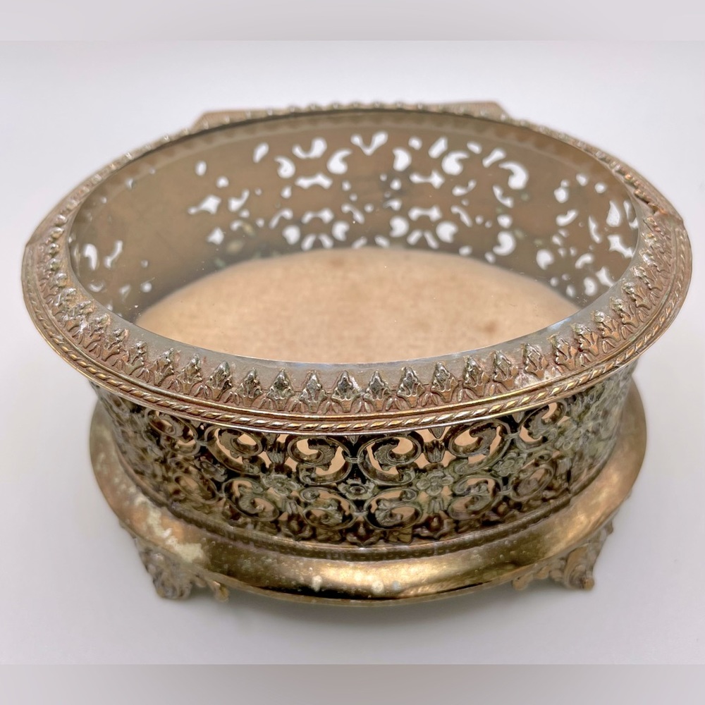 Vintage Gold Filigree Footed Glass Hinged Cushioned Trinket Jewelry Box